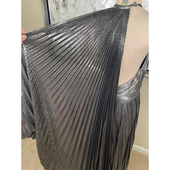 Retrofete Reiss Ruched Pleated Halterneck Metallic Gunmetal Maxi Dress Size L - Picture 6 of 9